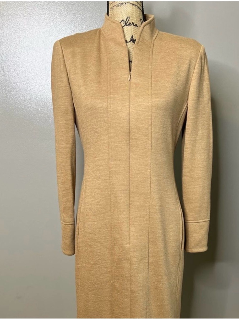 Akris tan taupe virgin wool zip up mock neck sheath style dress career wear